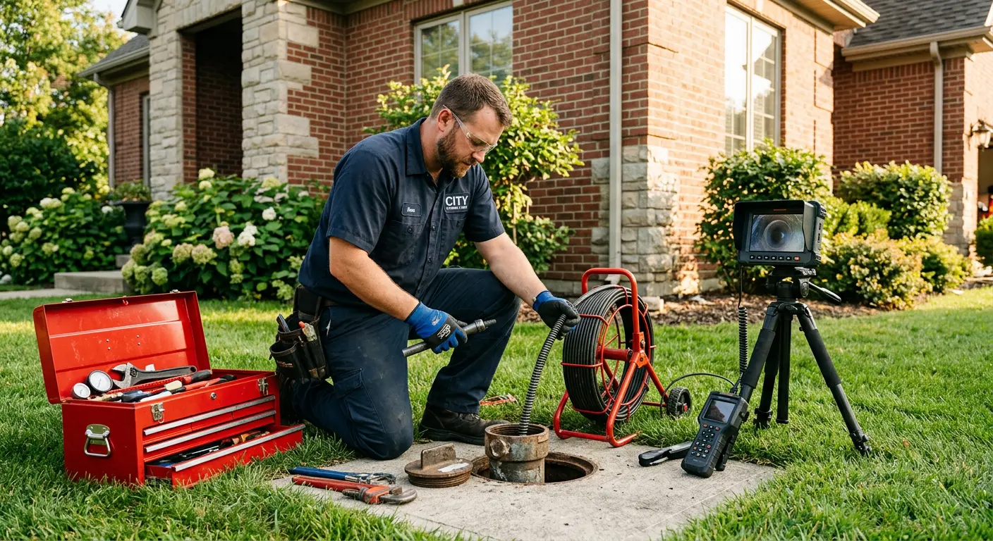 Sewer specialist with camera equipment servicing a cleanout in Cheney