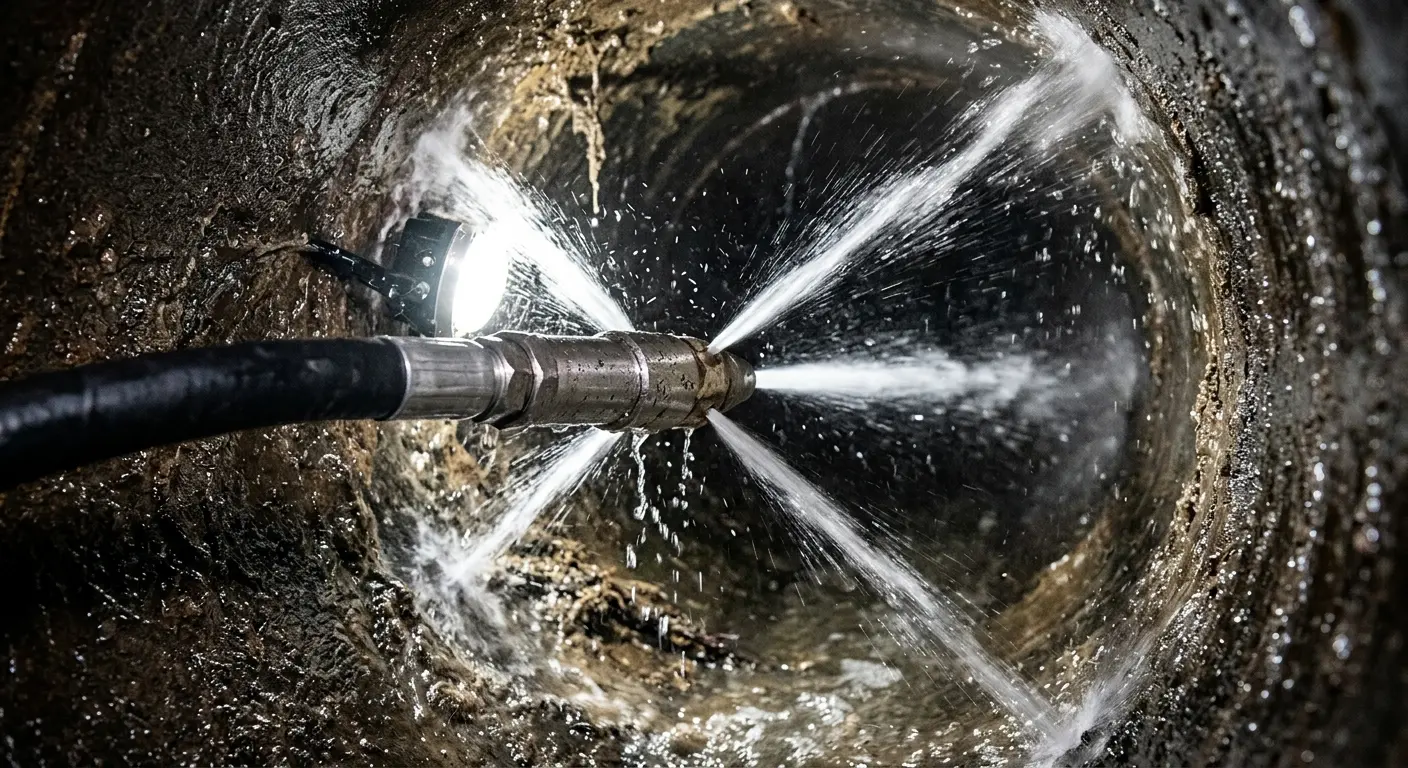 High-pressure hydro jetting nozzle cleaning sewer pipe for Trenchless Sewer Repair in Cheney
