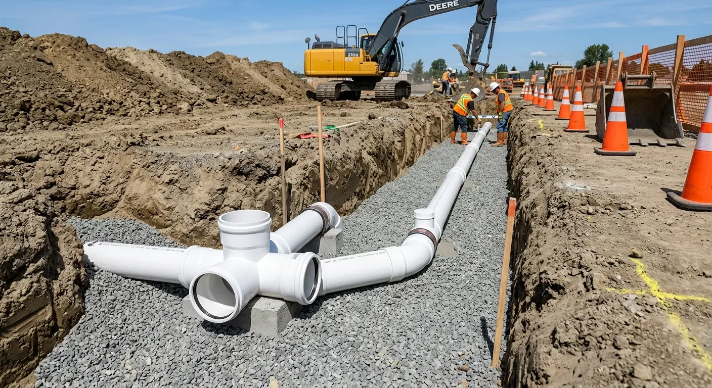 New PVC sewer pipe installation in open trench for Commercial Drain Cleaning in Cheney