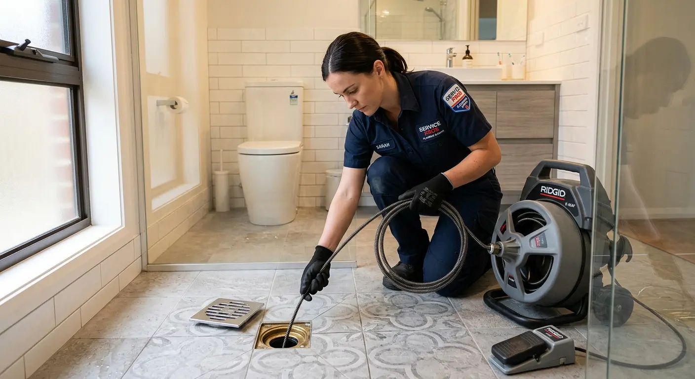 Technician clearing a bathroom floor drain for Sewer Line Installation in Cheney